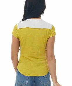 SugarFox Mustard Colorblock Thermal Knit Short Sleeve Top Tops