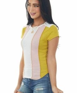 SugarFox Mustard Colorblock Thermal Knit Short Sleeve Top Tops