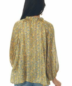 Ces Femme Trends Mustard Floral Print Frill Tie Neck Peasant Top