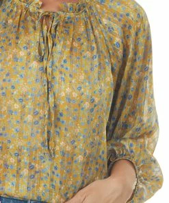 Ces Femme Trends Mustard Floral Print Frill Tie Neck Peasant Top