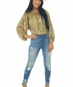 Ces Femme Trends Mustard Floral Print Frill Tie Neck Peasant Top