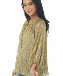 Ces Femme Trends Mustard Floral Print Frill Tie Neck Peasant Top