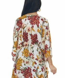 Umgee Mustard Floral Print Kimono With Waist Tie Tops