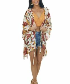 Umgee Mustard Floral Print Kimono With Waist Tie Tops