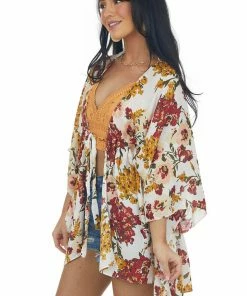 Umgee Mustard Floral Print Kimono With Waist Tie Tops