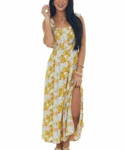 Lush Clothing Mustard Floral Smocked Open Tie Back Midi Dress