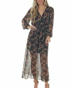Peach Love Mustard Floral Swiss Dot V Neck Maxi Dress Dresses