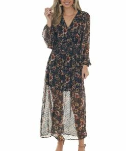 Peach Love Mustard Floral Swiss Dot V Neck Maxi Dress Dresses 19 Peach Love Mustard Floral Swiss Dot V Neck Maxi Dress Dresses