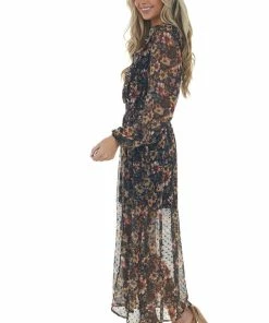 Peach Love Mustard Floral Swiss Dot V Neck Maxi Dress Dresses 23 Peach Love Mustard Floral Swiss Dot V Neck Maxi Dress Dresses