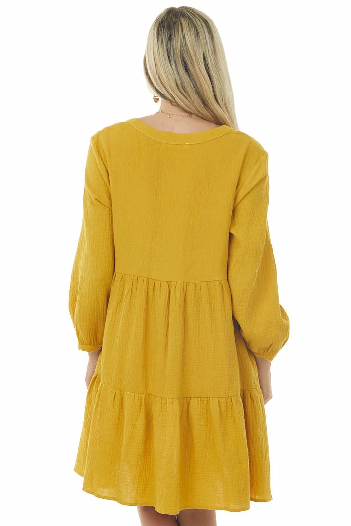 Ces Femme Mustard Long Sleeve V Neck Tiered Woven Short Dress Trends 7 Ces Femme Mustard Long Sleeve V Neck Tiered Woven Short Dress Trends
