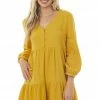 Ces Femme Mustard Long Sleeve V Neck Tiered Woven Short Dress Trends