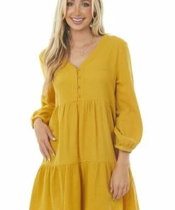 Ces Femme Mustard Long Sleeve V Neck Tiered Woven Short Dress Trends