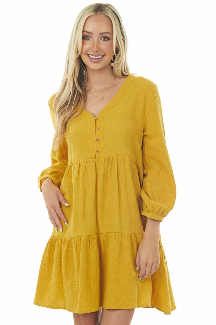 Ces Femme Mustard Long Sleeve V Neck Tiered Woven Short Dress Trends 3 Ces Femme Mustard Long Sleeve V Neck Tiered Woven Short Dress Trends