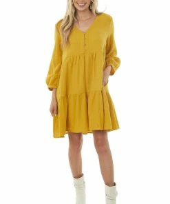 Ces Femme Mustard Long Sleeve V Neck Tiered Woven Short Dress Trends