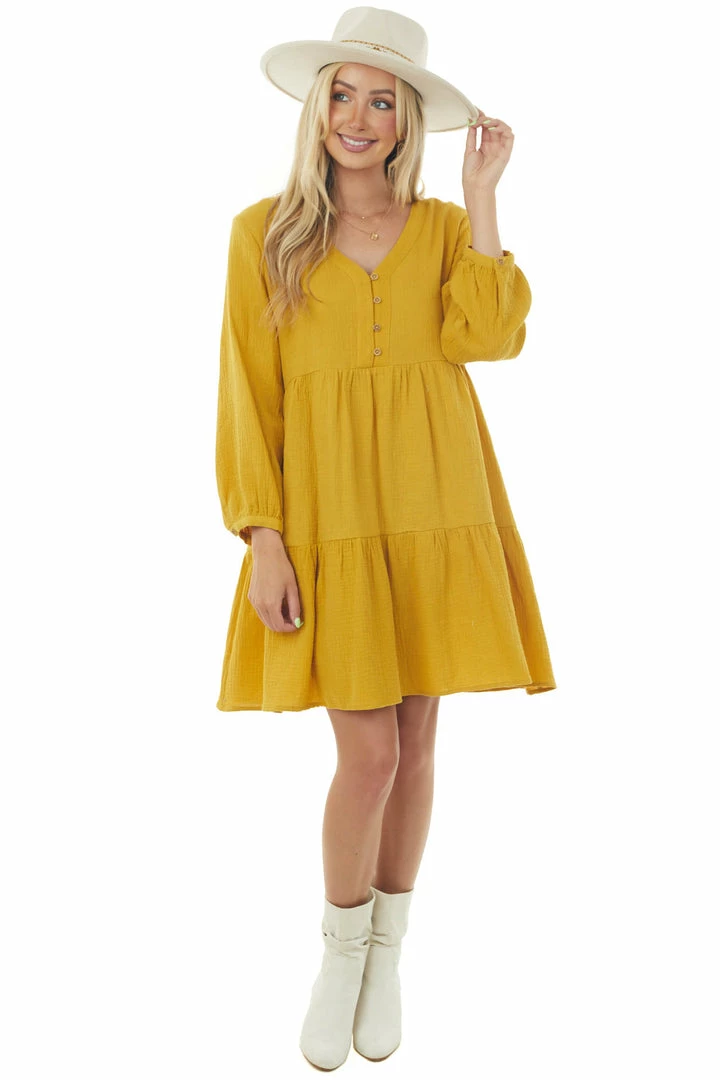 Ces Femme Mustard Long Sleeve V Neck Tiered Woven Short Dress Trends 5 Ces Femme Mustard Long Sleeve V Neck Tiered Woven Short Dress Trends
