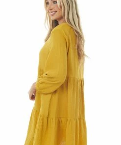 Ces Femme Mustard Long Sleeve V Neck Tiered Woven Short Dress Trends 11 Ces Femme Mustard Long Sleeve V Neck Tiered Woven Short Dress Trends