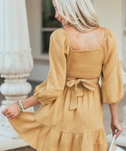 Lush Clothing Mustard Open Back Puff Sleeve Gauze Woven Dress Dresses