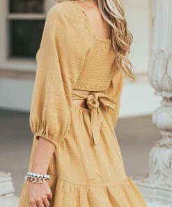 Lush Clothing Mustard Open Back Puff Sleeve Gauze Woven Dress Dresses