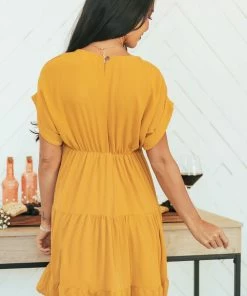 She + Sky Mustard Plunging Neck Cuffed Sleeve Tiered Dress Dresses