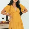 She + Sky Mustard Plunging Neck Cuffed Sleeve Tiered Dress Dresses