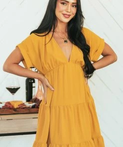 She + Sky Mustard Plunging Neck Cuffed Sleeve Tiered Dress Dresses
