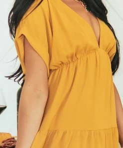 She + Sky Mustard Plunging Neck Cuffed Sleeve Tiered Dress Dresses