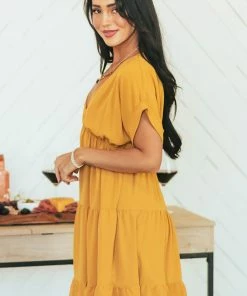 She + Sky Mustard Plunging Neck Cuffed Sleeve Tiered Dress Dresses