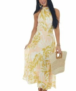 Flying Tomato Mustard Printed Halter Neck Maxi Dress Dresses