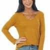 Lovely Melody Mustard Ribbed Long Sleeve Knit Top With Caged Neckline