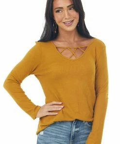 Lovely Melody Mustard Ribbed Long Sleeve Knit Top With Caged Neckline