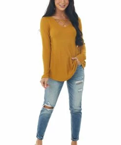 Lovely Melody Mustard Ribbed Long Sleeve Knit Top With Caged Neckline