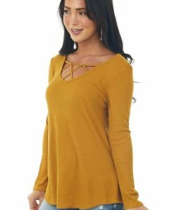 Lovely Melody Mustard Ribbed Long Sleeve Knit Top With Caged Neckline