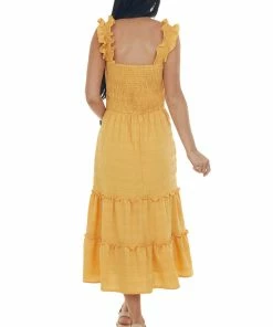 Davi & Dani Mustard Smocked Ruffle Strap Tiered Midi Dress
