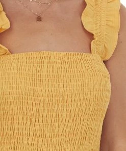 Davi & Dani Mustard Smocked Ruffle Strap Tiered Midi Dress