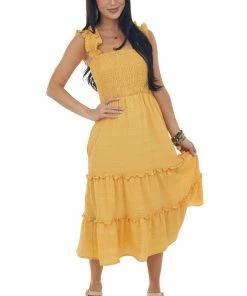 Davi & Dani Mustard Smocked Ruffle Strap Tiered Midi Dress