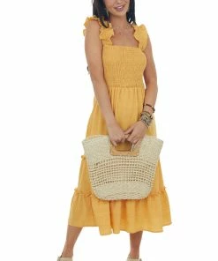 Davi & Dani Mustard Smocked Ruffle Strap Tiered Midi Dress