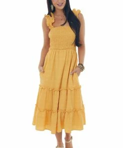 Davi & Dani Mustard Smocked Ruffle Strap Tiered Midi Dress