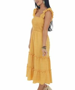 Davi & Dani Mustard Smocked Ruffle Strap Tiered Midi Dress