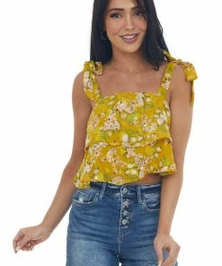 Lush Clothing Tops Mustard Textured Floral Ruffle Tiered Crop Top