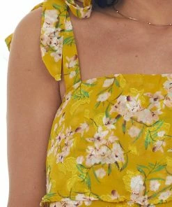 Lush Clothing Tops Mustard Textured Floral Ruffle Tiered Crop Top