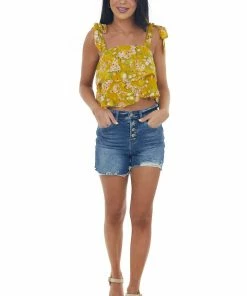 Lush Clothing Tops Mustard Textured Floral Ruffle Tiered Crop Top