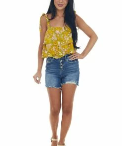 Lush Clothing Tops Mustard Textured Floral Ruffle Tiered Crop Top