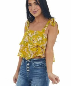 Lush Clothing Tops Mustard Textured Floral Ruffle Tiered Crop Top