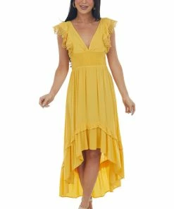 Umgee Dresses Mustard V Neck Lace Cap Sleeve High Low Dress