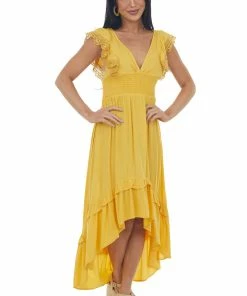 Umgee Dresses Mustard V Neck Lace Cap Sleeve High Low Dress