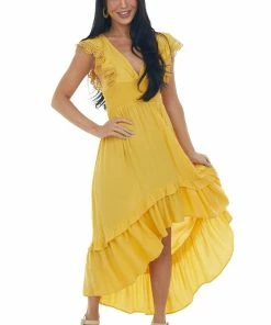 Umgee Dresses Mustard V Neck Lace Cap Sleeve High Low Dress