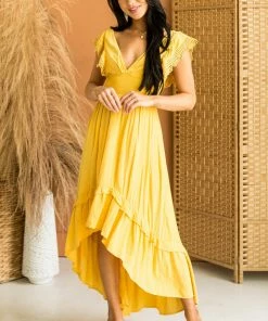 Umgee Dresses Mustard V Neck Lace Cap Sleeve High Low Dress