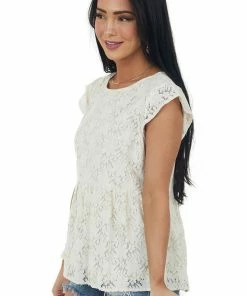Umgee Tops Natural Floral Lace Short Sleeve Drop Waist Top