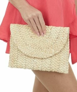 Aili's Corner Accessories Natural Braided Straw Clutch With Snap Closure