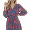 Peach Love Dresses Navy Abstract Floral Swiss Dot Surplice Dress